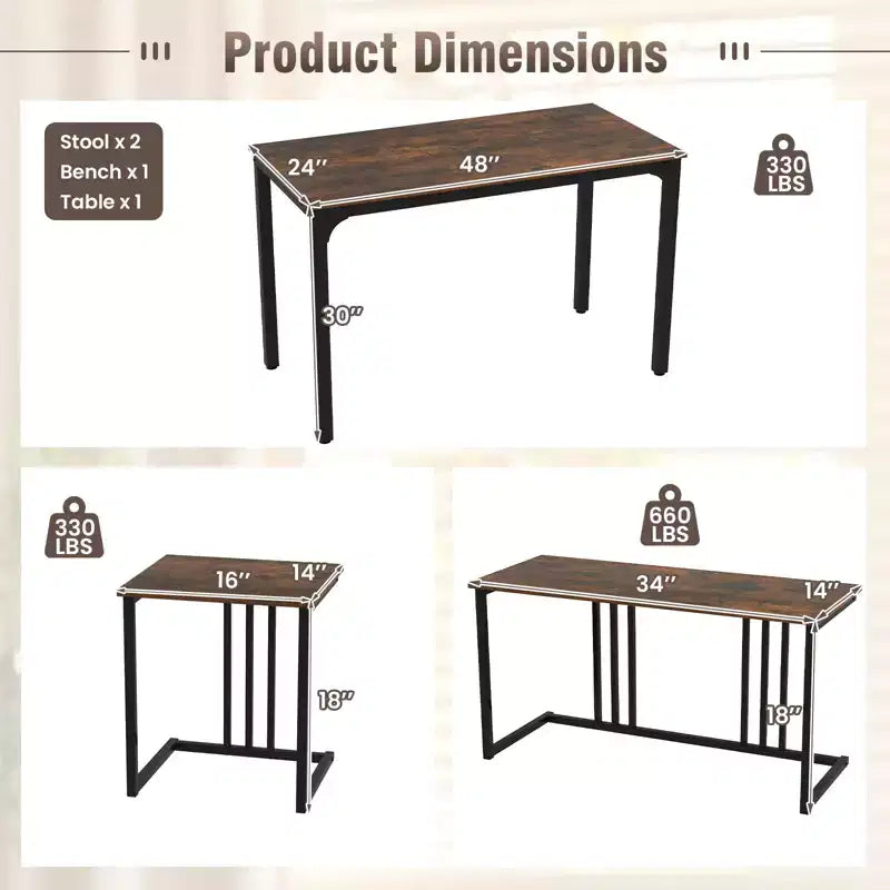 Costway 4-Piece Dining Table Set Industrial Kitchen Table Set w/ Bench & 2 Stools for 4