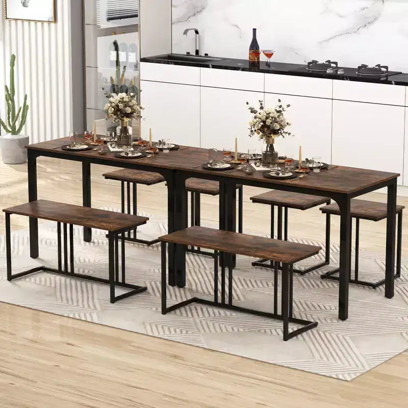 Costway 4-Piece Dining Table Set Industrial Kitchen Table Set w/ Bench & 2 Stools for 4
