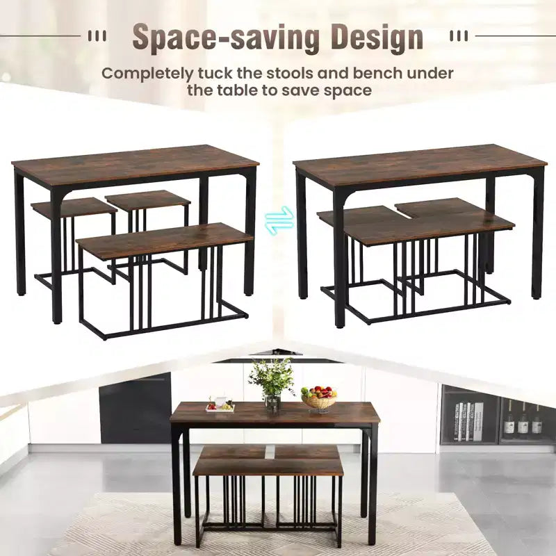 Costway 4-Piece Dining Table Set Industrial Kitchen Table Set w/ Bench & 2 Stools for 4