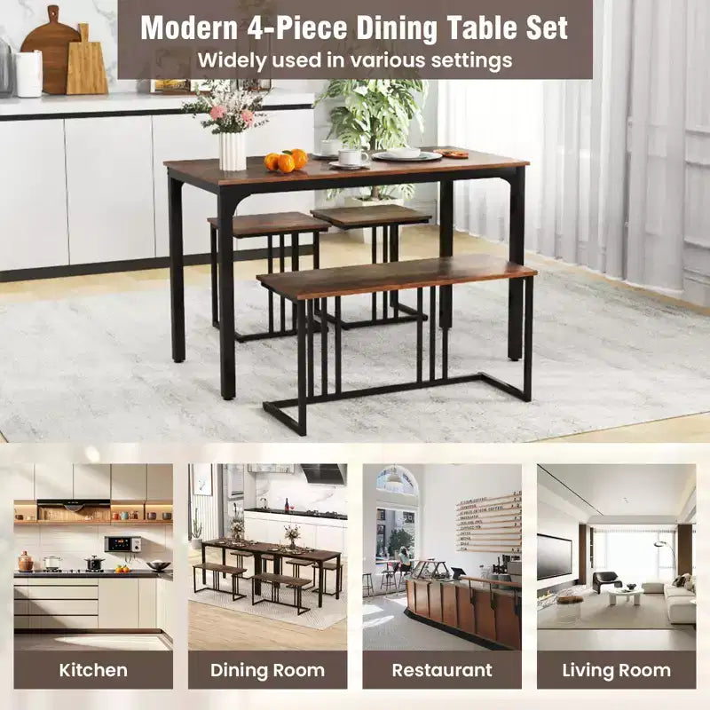 Costway 4-Piece Dining Table Set Industrial Kitchen Table Set w/ Bench & 2 Stools for 4