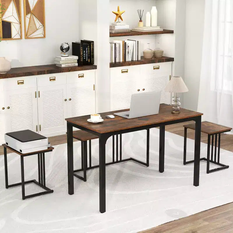 Costway 4-Piece Dining Table Set Industrial Kitchen Table Set w/ Bench & 2 Stools for 4