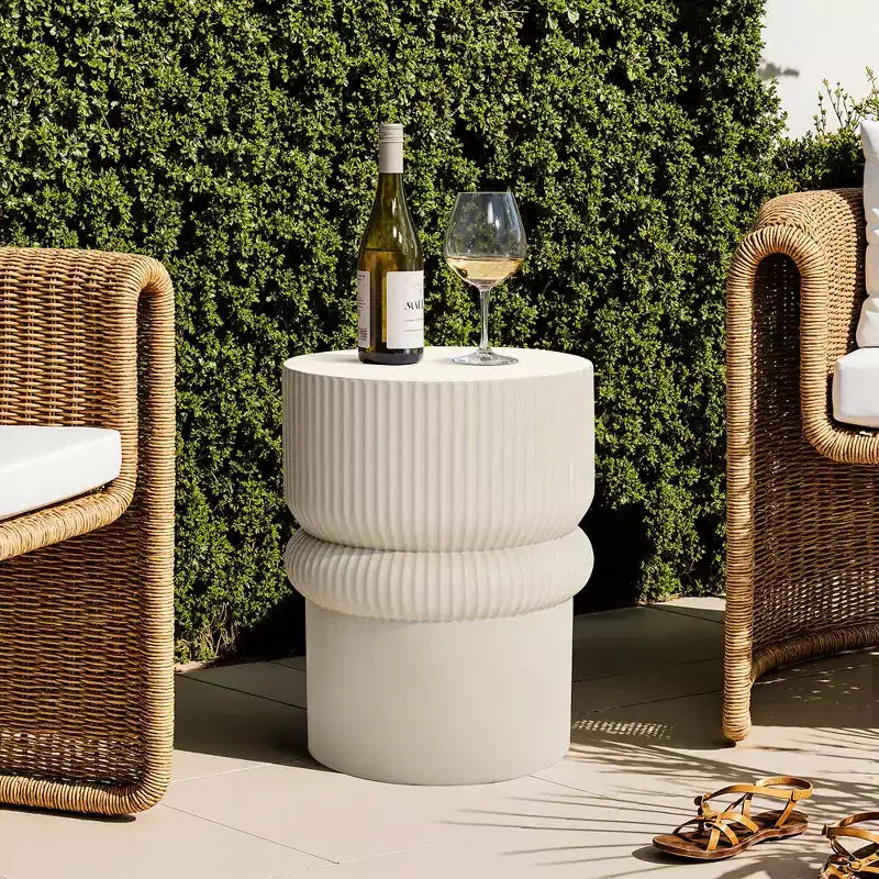 LuxenHome 18 Fluted Outdoor Side Table, Beige Modern Round Side Tables, Sculptural Small Accent Table for Backyard, Porch, Garden