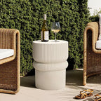 LuxenHome 18 Fluted Outdoor Side Table, Beige Modern Round Side Tables, Sculptural Small Accent Table for Backyard, Porch, Garden