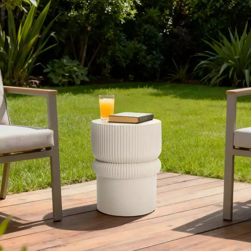 LuxenHome 18 Fluted Outdoor Side Table, Beige Modern Round Side Tables, Sculptural Small Accent Table for Backyard, Porch, Garden