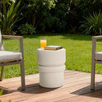 LuxenHome 18 Fluted Outdoor Side Table, Beige Modern Round Side Tables, Sculptural Small Accent Table for Backyard, Porch, Garden