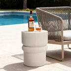 LuxenHome 18 Fluted Outdoor Side Table, Beige Modern Round Side Tables, Sculptural Small Accent Table for Backyard, Porch, Garden