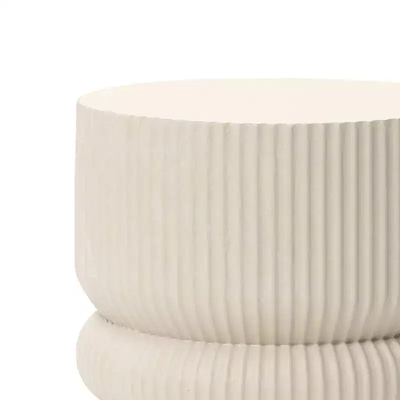 LuxenHome 18 Fluted Outdoor Side Table, Beige Modern Round Side Tables, Sculptural Small Accent Table for Backyard, Porch, Garden