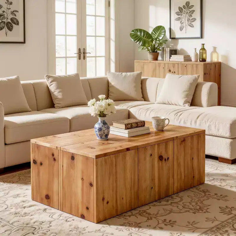 Lantine 47-Inch Rectangle Solid Wood Coffee Table, Farmhouse Center Table with Natural Wood Grain for Living Room, Retro Style