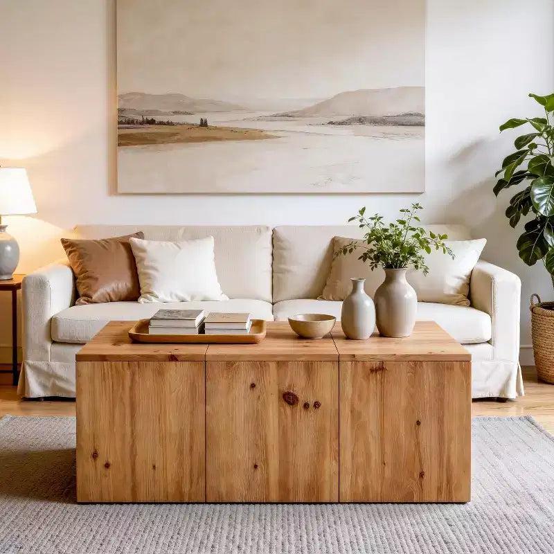Lantine 47-Inch Rectangle Solid Wood Coffee Table, Farmhouse Center Table with Natural Wood Grain for Living Room, Retro Style