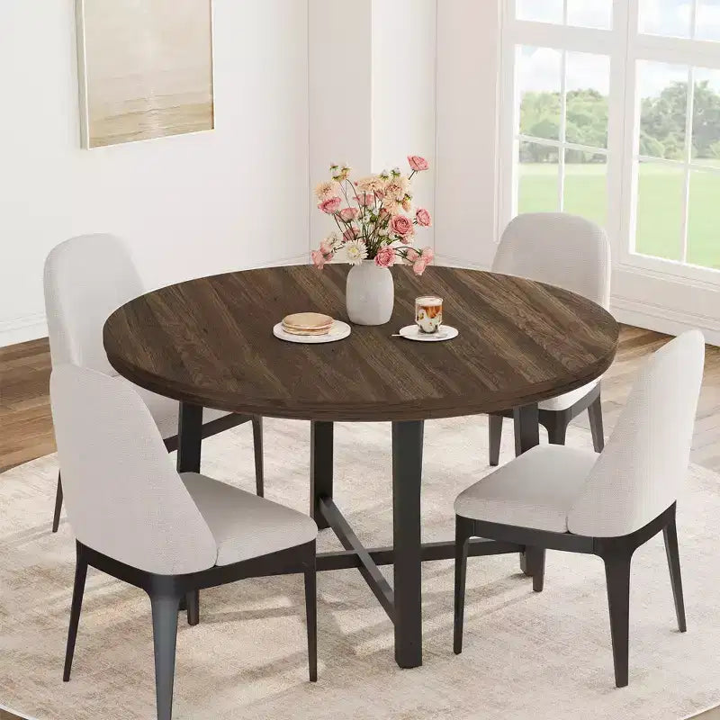Industrial 47 Inch Round Dining Table for 4-6, Space Saving Wood Kitchen Table with Metal Frame, Rustic Modern Dining Table, No Chairs