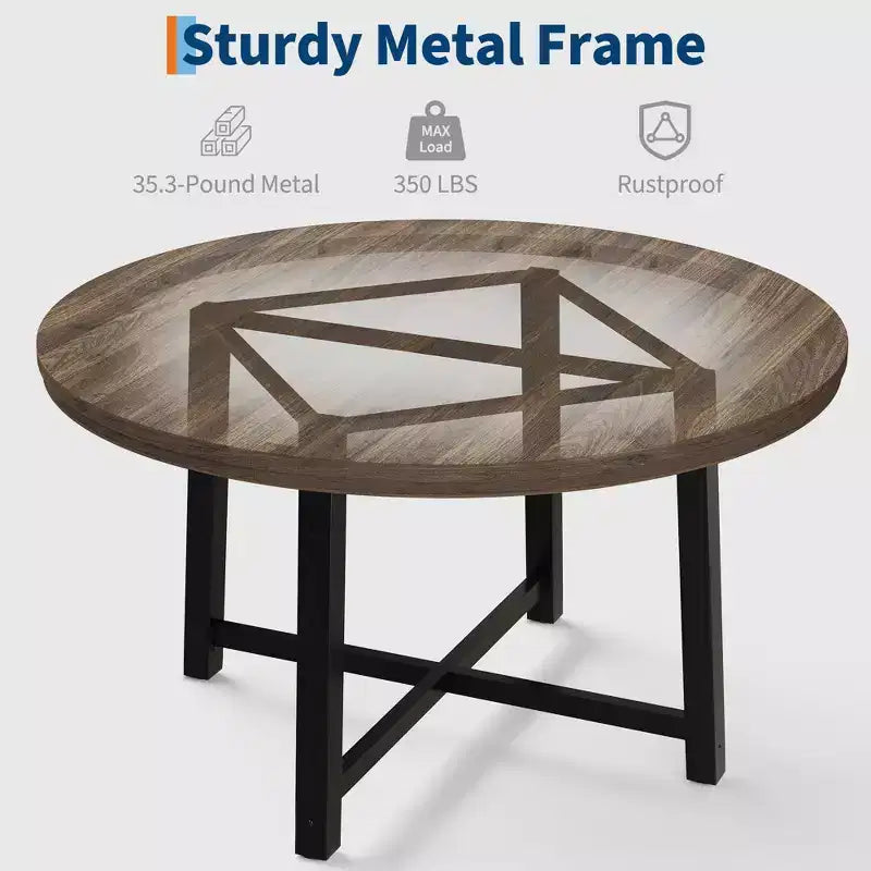Industrial 47 Inch Round Dining Table for 4-6, Space Saving Wood Kitchen Table with Metal Frame, Rustic Modern Dining Table, No Chairs