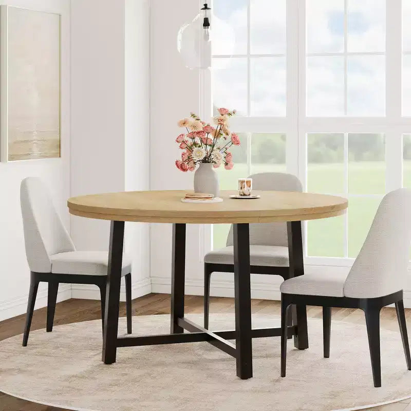 Industrial 47 Inch Round Dining Table for 4-6, Space Saving Wood Kitchen Table with Metal Frame, Rustic Modern Dining Table, No Chairs