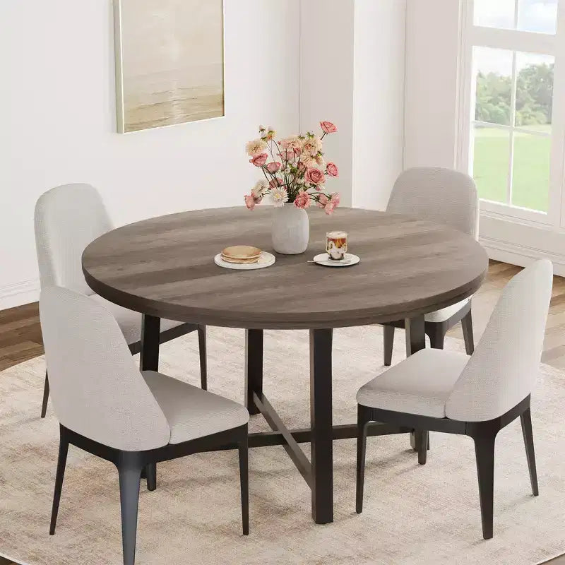 Industrial 47 Inch Round Dining Table for 4-6, Space Saving Wood Kitchen Table with Metal Frame, Rustic Modern Dining Table, No Chairs