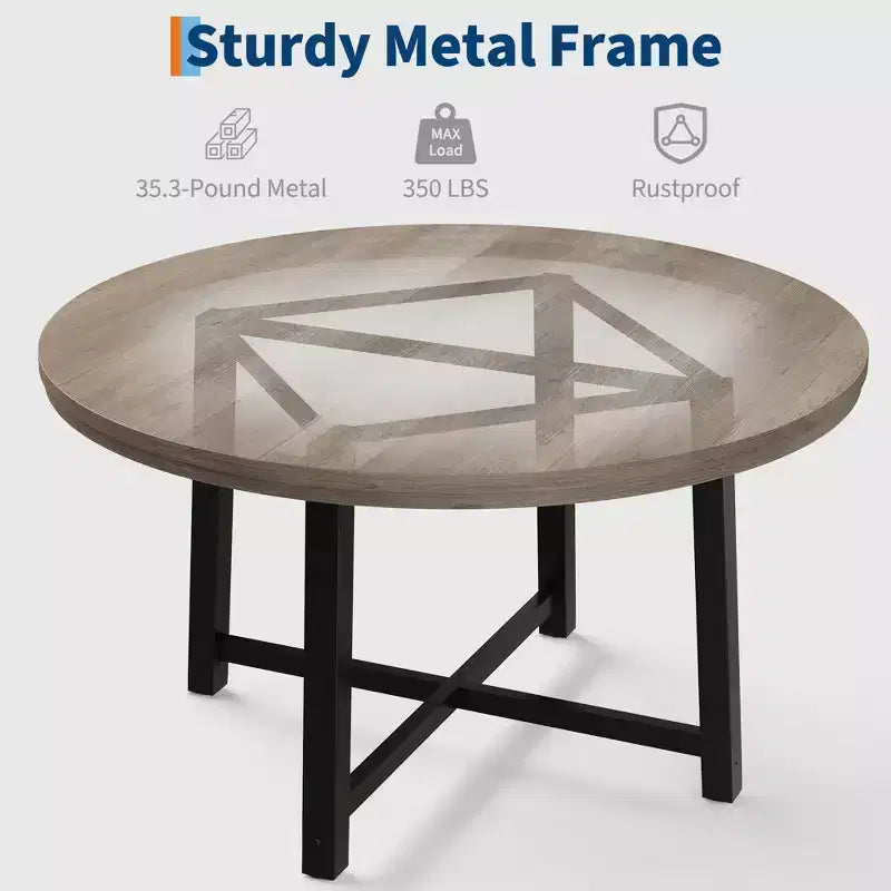 Industrial 47 Inch Round Dining Table for 4-6, Space Saving Wood Kitchen Table with Metal Frame, Rustic Modern Dining Table, No Chairs