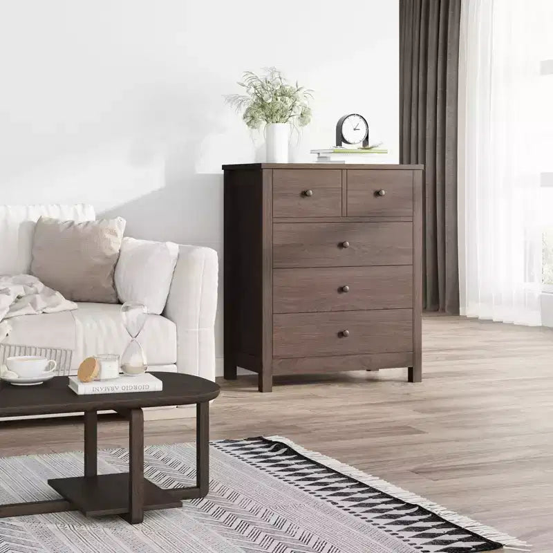 5 Drawer Wood Dresser with Deep Storage Drawers, Sturdy Entryway Cabinet with Round Handles for Bedroom Living Room Office
