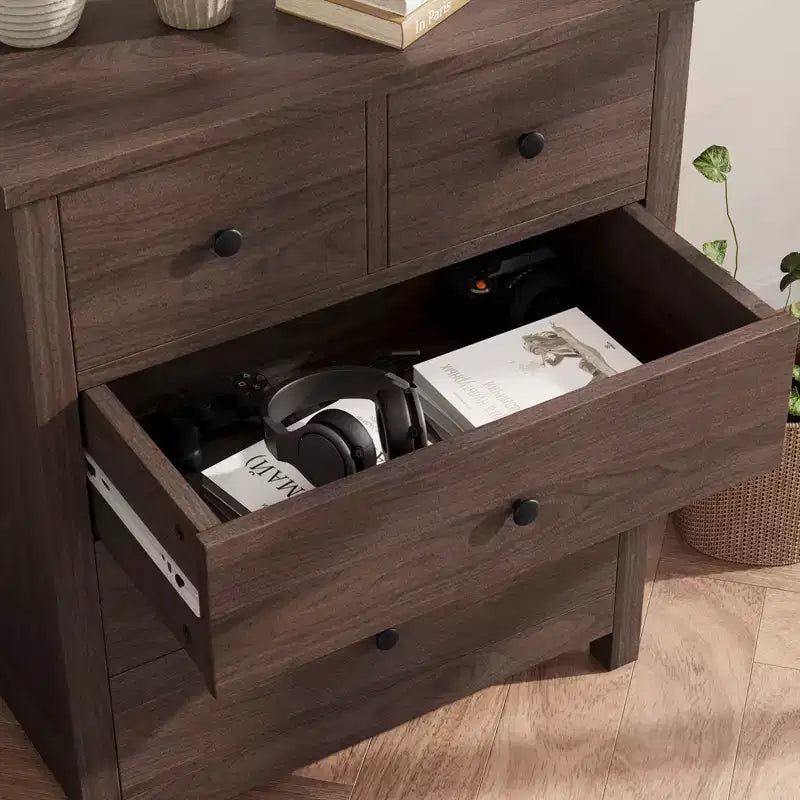 5 Drawer Wood Dresser with Deep Storage Drawers, Sturdy Entryway Cabinet with Round Handles for Bedroom Living Room Office