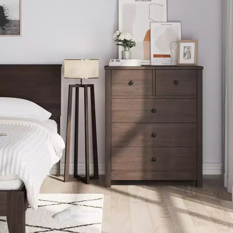 5 Drawer Wood Dresser with Deep Storage Drawers, Sturdy Entryway Cabinet with Round Handles for Bedroom Living Room Office