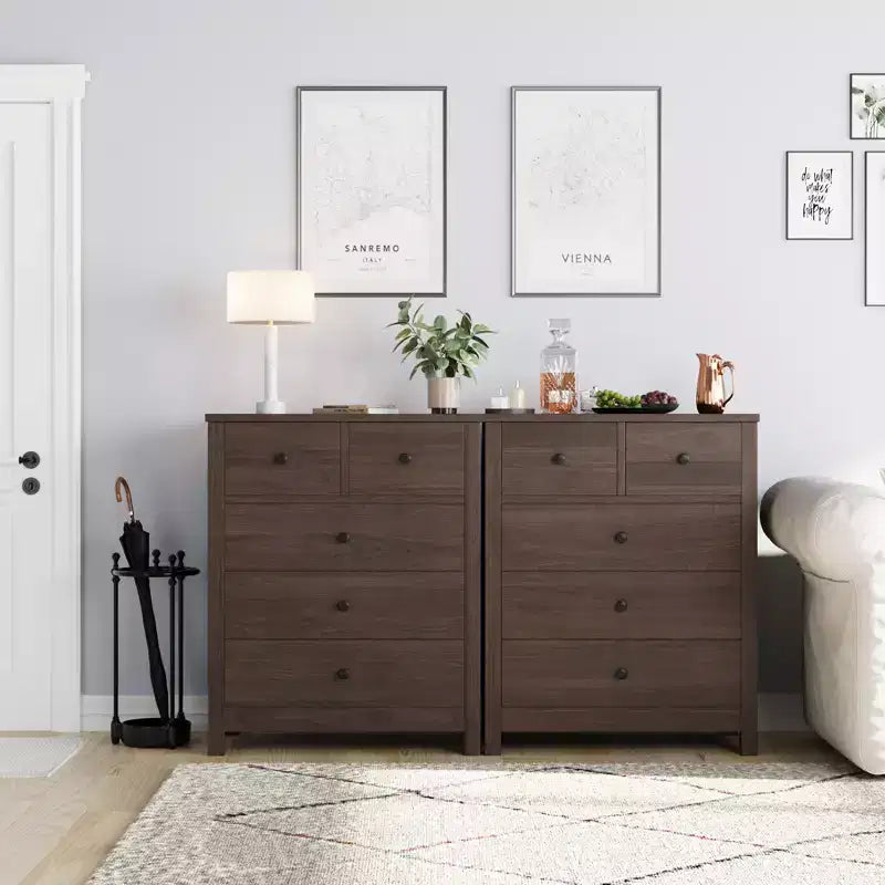 5 Drawer Wood Dresser with Deep Storage Drawers, Sturdy Entryway Cabinet with Round Handles for Bedroom Living Room Office