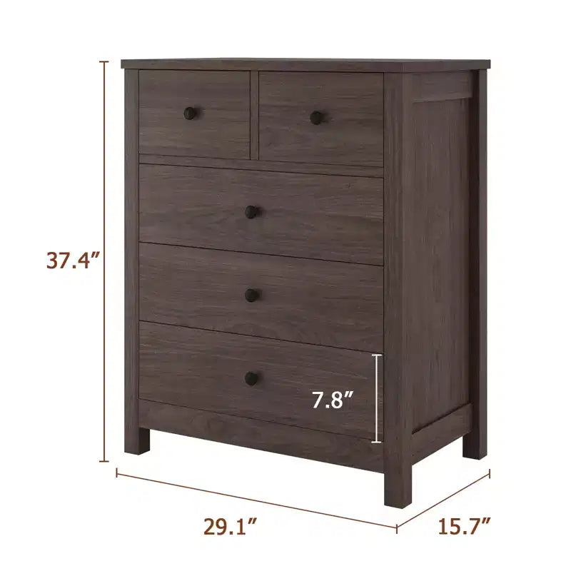 5 Drawer Wood Dresser with Deep Storage Drawers, Sturdy Entryway Cabinet with Round Handles for Bedroom Living Room Office