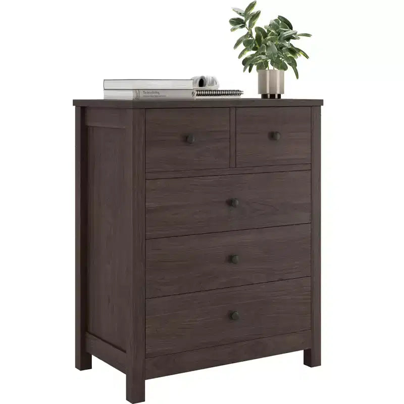 5 Drawer Wood Dresser with Deep Storage Drawers, Sturdy Entryway Cabinet with Round Handles for Bedroom Living Room Office