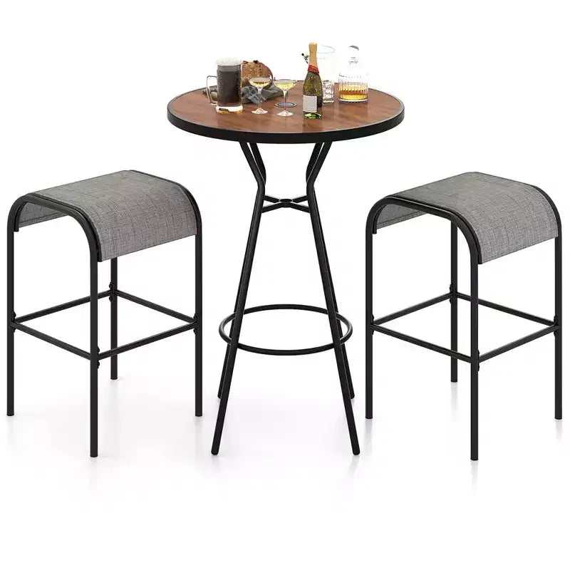 Costway 3 PCS Patio Bistro Set Round Table w/ 1.6 Umbrella Hole & 2 Stools Metal Frame