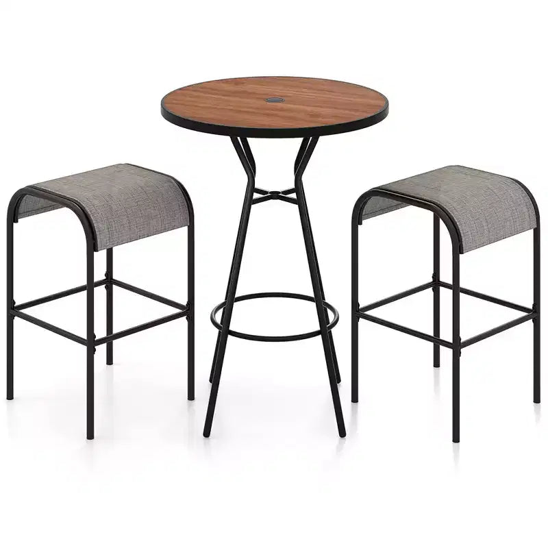Costway 3 PCS Patio Bistro Set Round Table w/ 1.6 Umbrella Hole & 2 Stools Metal Frame