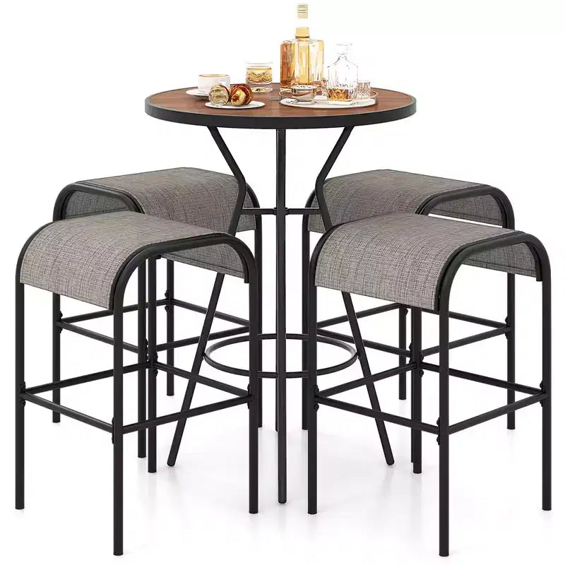 Costway 5 PCS Patio Bistro Set Round Table w/ 1.6 Umbrella Hole & 4 Stools Metal Frame