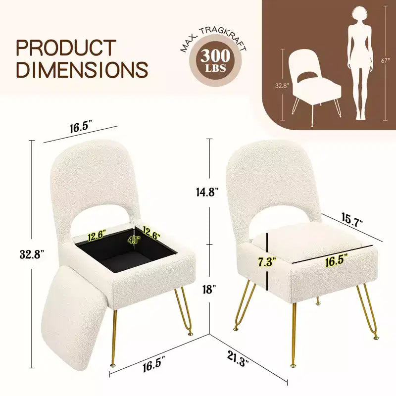 Furniliving Vanity Chair With Storage,Storage Make Up Chair With Folding Backrest