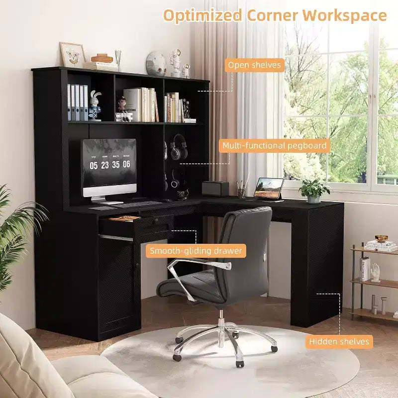 MooxvMoo L Shaped Wooden Desk with LED Lights, Drawers and Bookshelf, Modern Corner Computer Table for Home Office and Gaming, Walnut