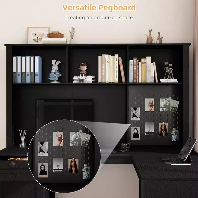 MooxvMoo L Shaped Wooden Desk with LED Lights, Drawers and Bookshelf, Modern Corner Computer Table for Home Office and Gaming, Walnut