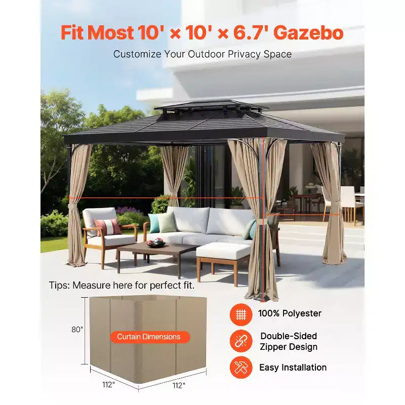 VEVOR Gazebo Curtains Outdoor, Fit Most 10' x 10' x 6.7' Gazebos, 4-Panel Sidewall Gazebo Privacy Curtains with Zippers, Khaki