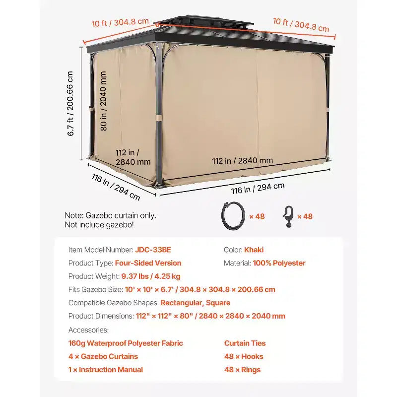 VEVOR Gazebo Curtains Outdoor, Fit Most 10' x 10' x 6.7' Gazebos, 4-Panel Sidewall Gazebo Privacy Curtains with Zippers, Khaki