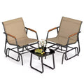 Costway 3 Piece Outdoor Gliding Set w/ Tempered Glass Coffee Table Teak Wood Armrests