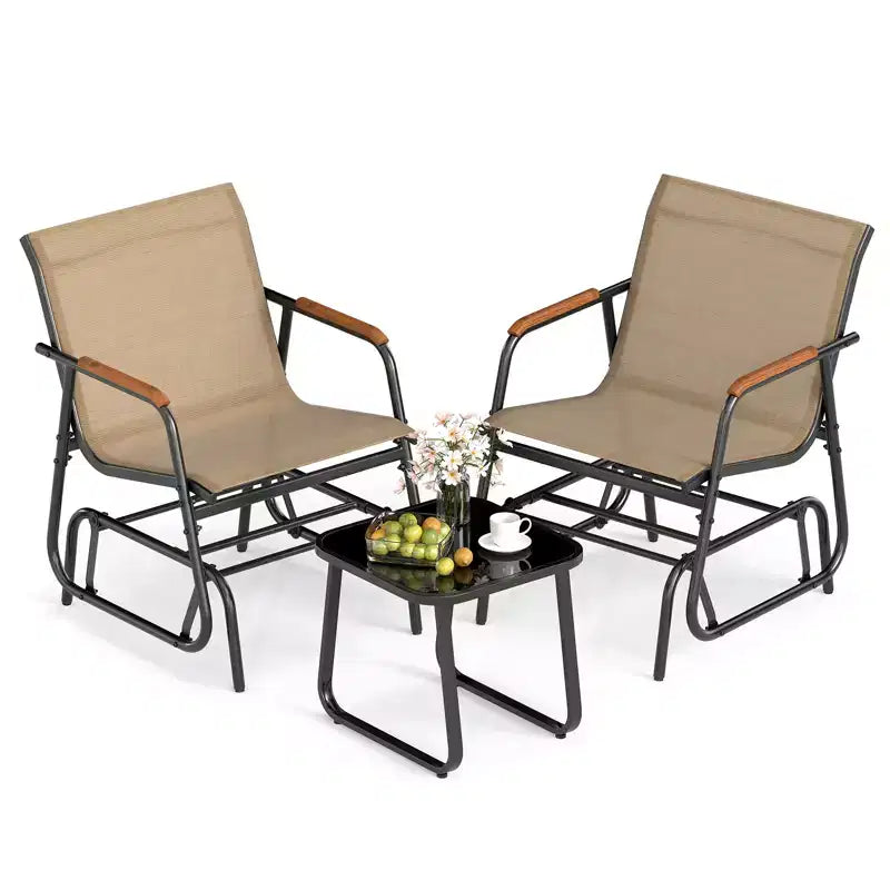 Costway 3 Piece Outdoor Gliding Set w/ Tempered Glass Coffee Table Teak Wood Armrests