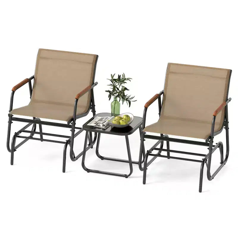 Costway 3 Piece Outdoor Gliding Set w/ Tempered Glass Coffee Table Teak Wood Armrests
