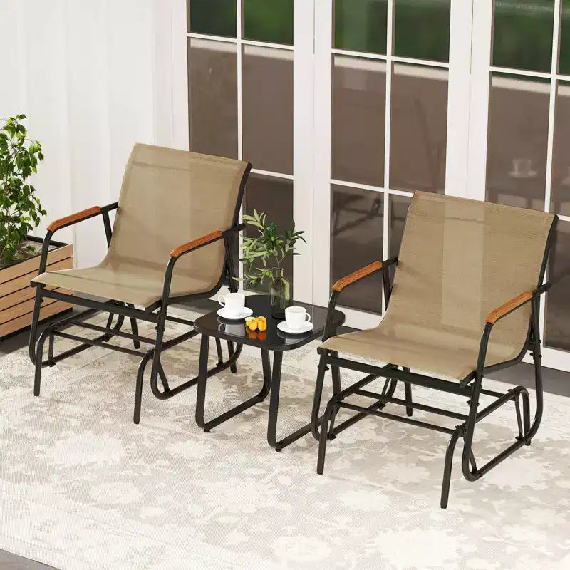 Costway 3 Piece Outdoor Gliding Set w/ Tempered Glass Coffee Table Teak Wood Armrests