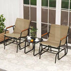 Costway 3 Piece Outdoor Gliding Set w/ Tempered Glass Coffee Table Teak Wood Armrests