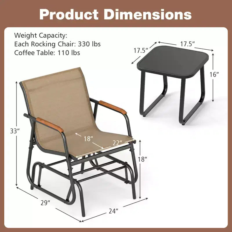 Costway 3 Piece Outdoor Gliding Set w/ Tempered Glass Coffee Table Teak Wood Armrests