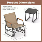 Costway 3 Piece Outdoor Gliding Set w/ Tempered Glass Coffee Table Teak Wood Armrests