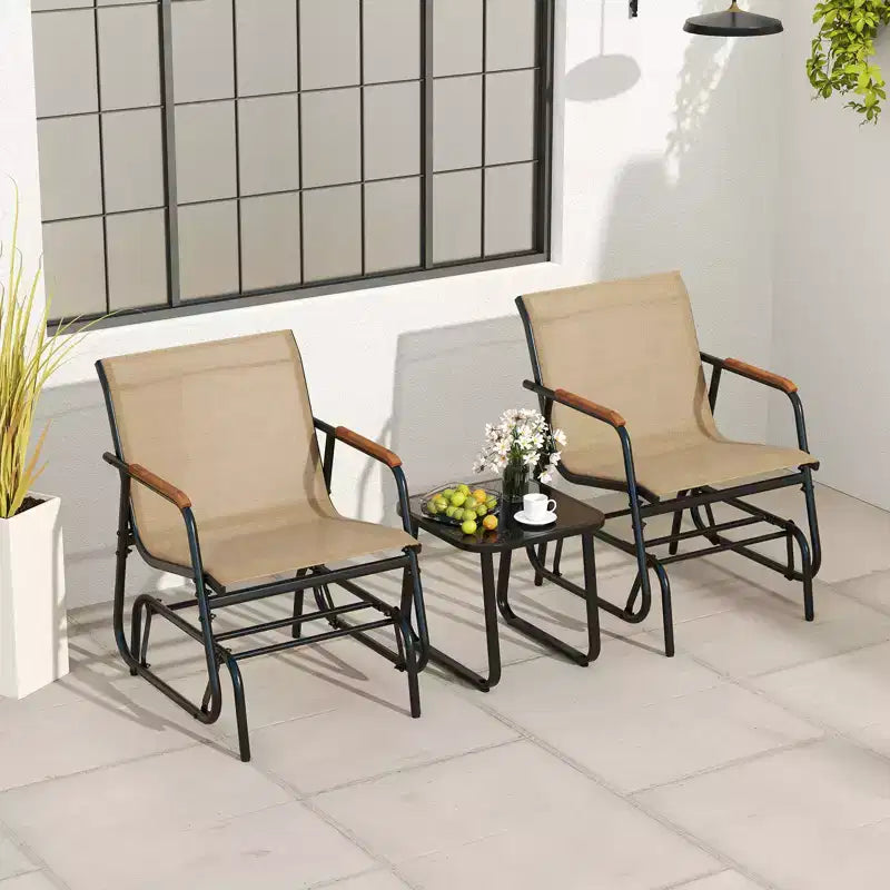 Costway 3 Piece Outdoor Gliding Set w/ Tempered Glass Coffee Table Teak Wood Armrests