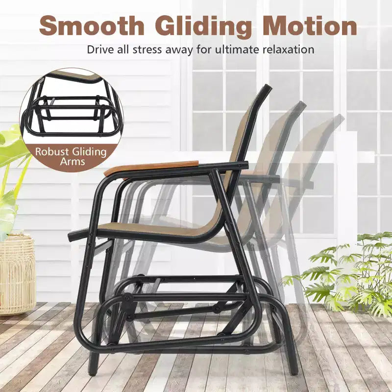 Costway 3 Piece Outdoor Gliding Set w/ Tempered Glass Coffee Table Teak Wood Armrests