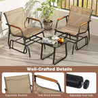 Costway 3 Piece Outdoor Gliding Set w/ Tempered Glass Coffee Table Teak Wood Armrests