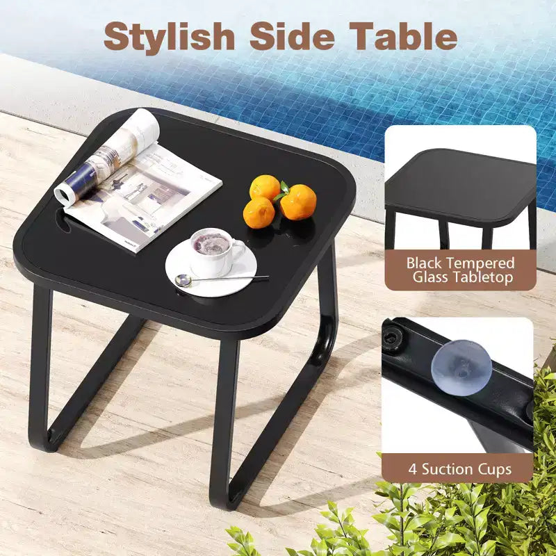 Costway 3 Piece Outdoor Gliding Set w/ Tempered Glass Coffee Table Teak Wood Armrests