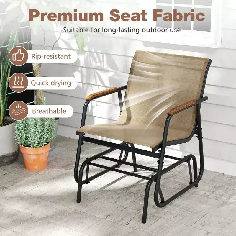 Costway 3 Piece Outdoor Gliding Set w/ Tempered Glass Coffee Table Teak Wood Armrests