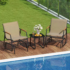 Costway 3 Piece Outdoor Gliding Set w/ Tempered Glass Coffee Table Teak Wood Armrests