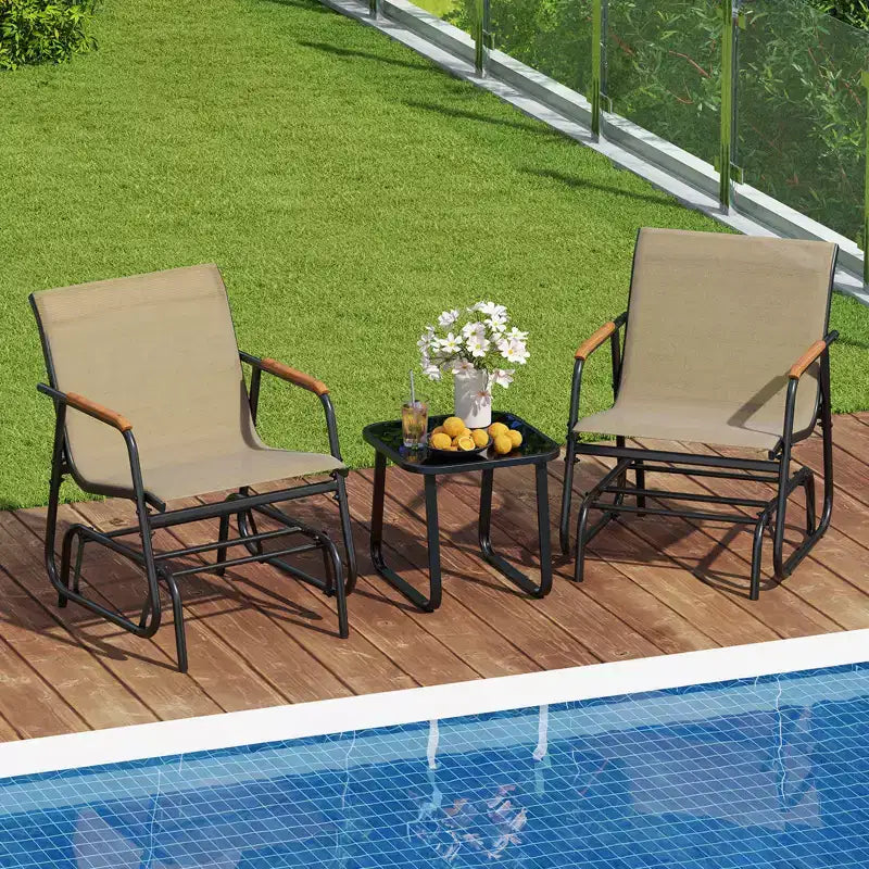 Costway 3 Piece Outdoor Gliding Set w/ Tempered Glass Coffee Table Teak Wood Armrests