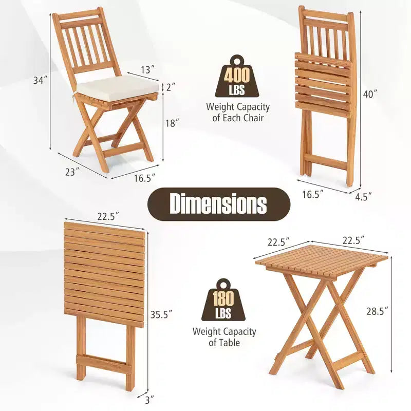 Costway 3-Piece Folding Bistro Set w/ Removable Seat Cushions Outdoor Table & Chairs