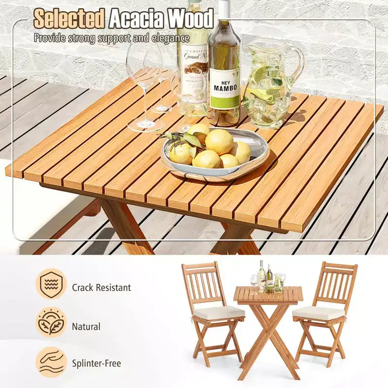 Costway 3-Piece Folding Bistro Set w/ Removable Seat Cushions Outdoor Table & Chairs