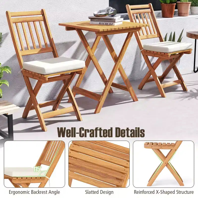 Costway 3-Piece Folding Bistro Set w/ Removable Seat Cushions Outdoor Table & Chairs