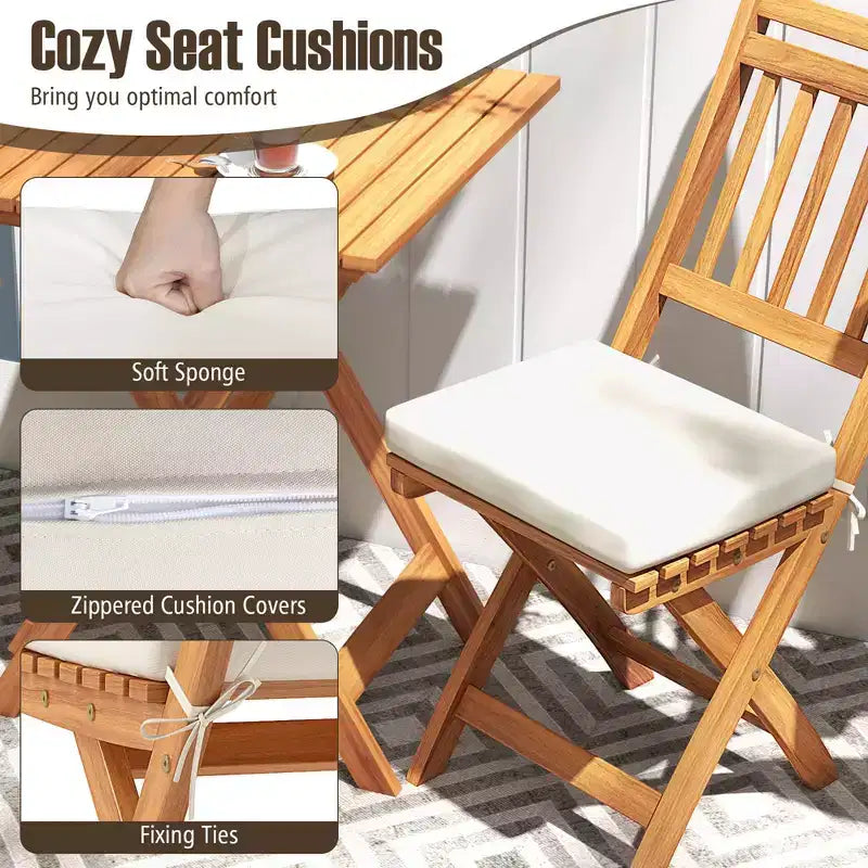 Costway 3-Piece Folding Bistro Set w/ Removable Seat Cushions Outdoor Table & Chairs